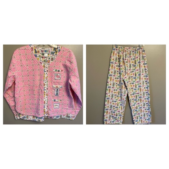 Vintage YIKES  kitty cat flannel sleepwear pajama set Medium - Picture 1 of 13